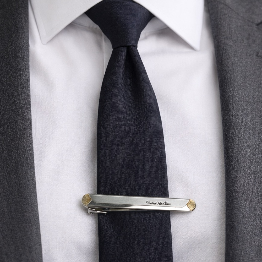 Mario Valentino Vintage Style Tie Clip Silver Gold Dress Accessory